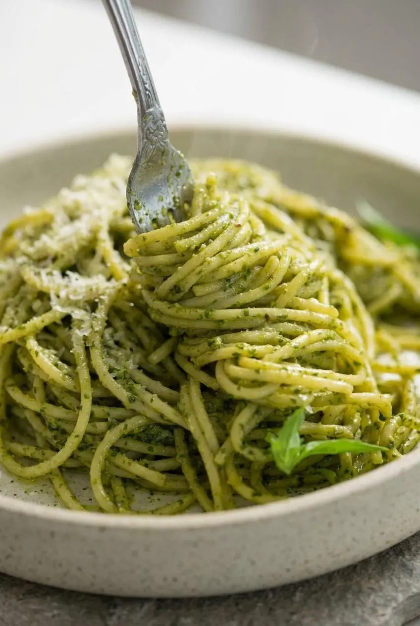 Macro shot of twisted pasta ridges coated in glossy basil pesto emulsion with melted Parmesan and toasted pine nuts.