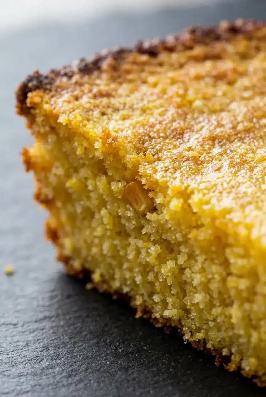 Close-up of a sliced wedge showing the coarse, moist crumb and crisp caramelized crust of gluten-free cornbread.
