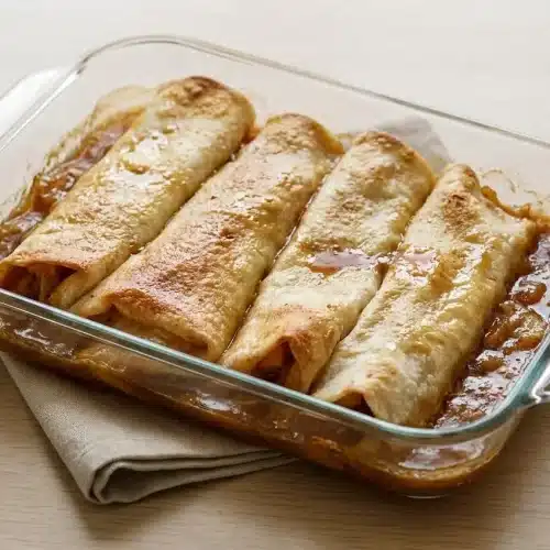 Baked apple pie enchiladas bubbling in glossy brown sugar syrup with golden, crisp pastry edges.