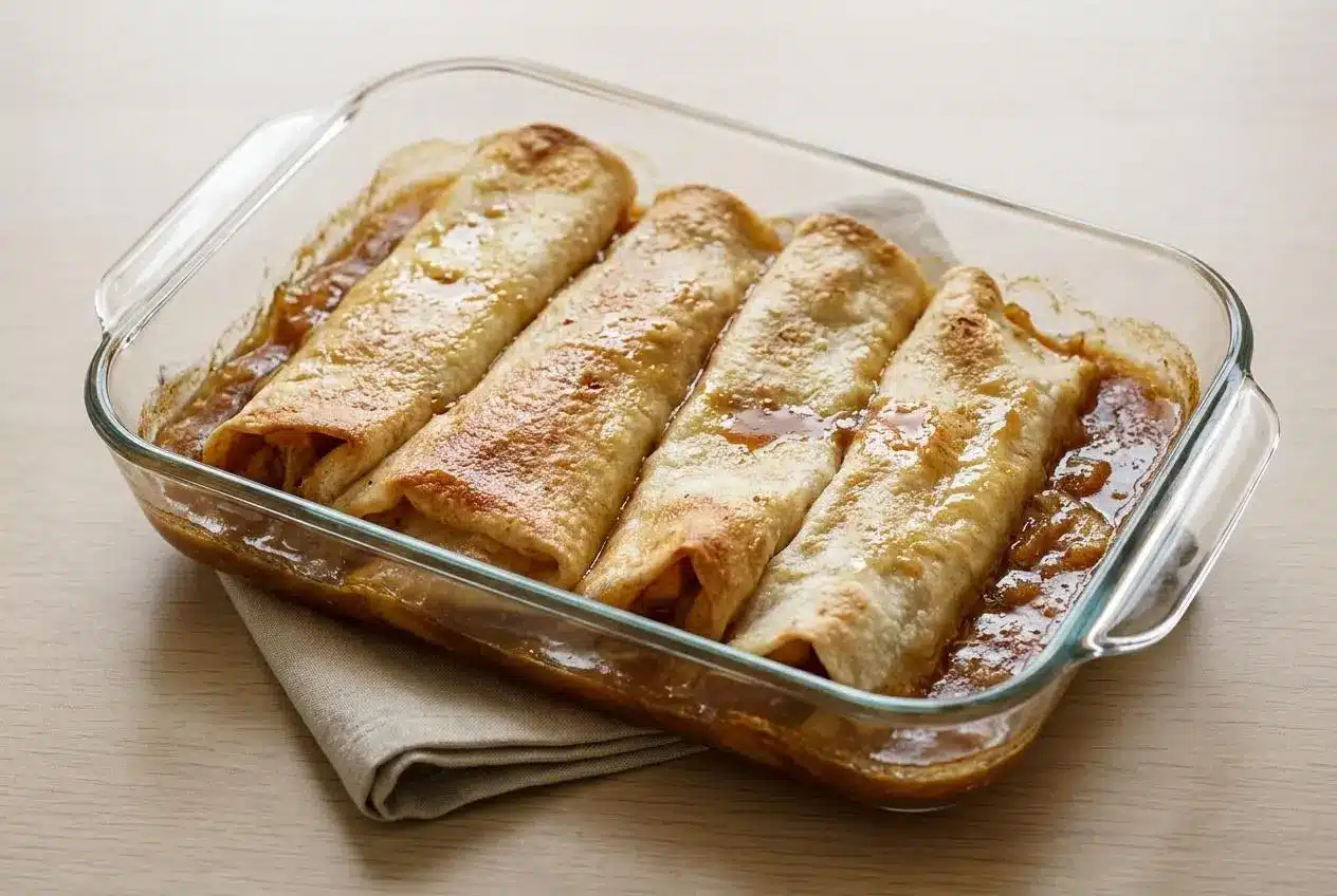 Baked apple pie enchiladas bubbling in glossy brown sugar syrup with golden, crisp pastry edges.
