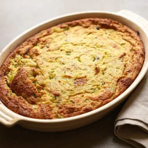 Baked cornbread dressing in a white ceramic dish with a crisp golden crust and buttery edges.