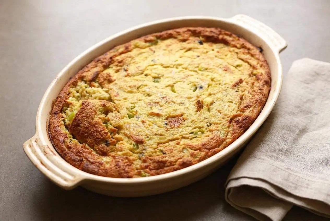 Baked cornbread dressing in a white ceramic dish with a crisp golden crust and buttery edges.