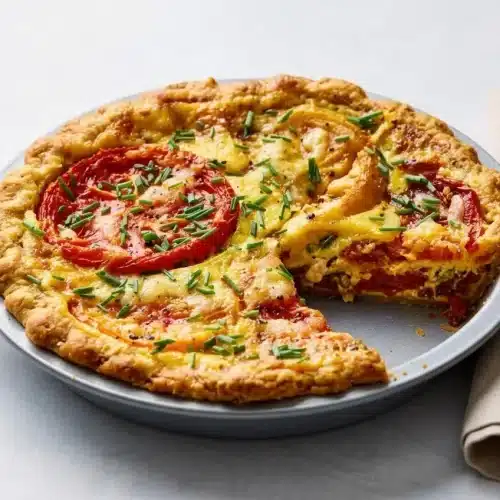 Golden baked tomato pie recipe with sliced heirloom tomatoes, melted cheddar, and fresh herbs in a flaky crimped crust.