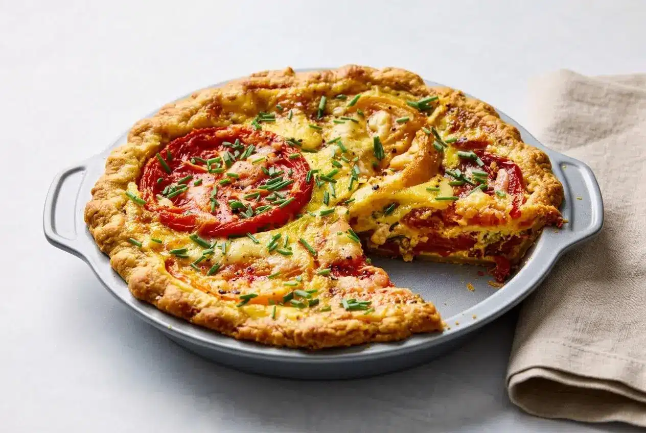 Golden baked tomato pie recipe with sliced heirloom tomatoes, melted cheddar, and fresh herbs in a flaky crimped crust.