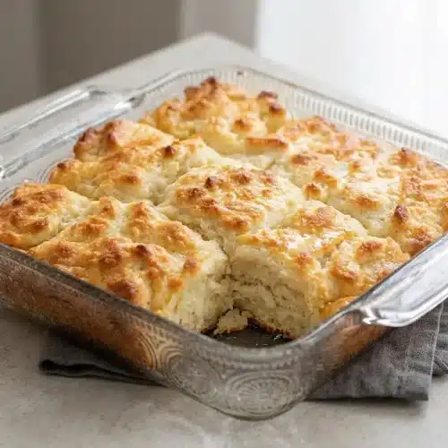 Butter swim biscuits baked golden brown with crisp bubbling edges in an 8x8 baking dish.