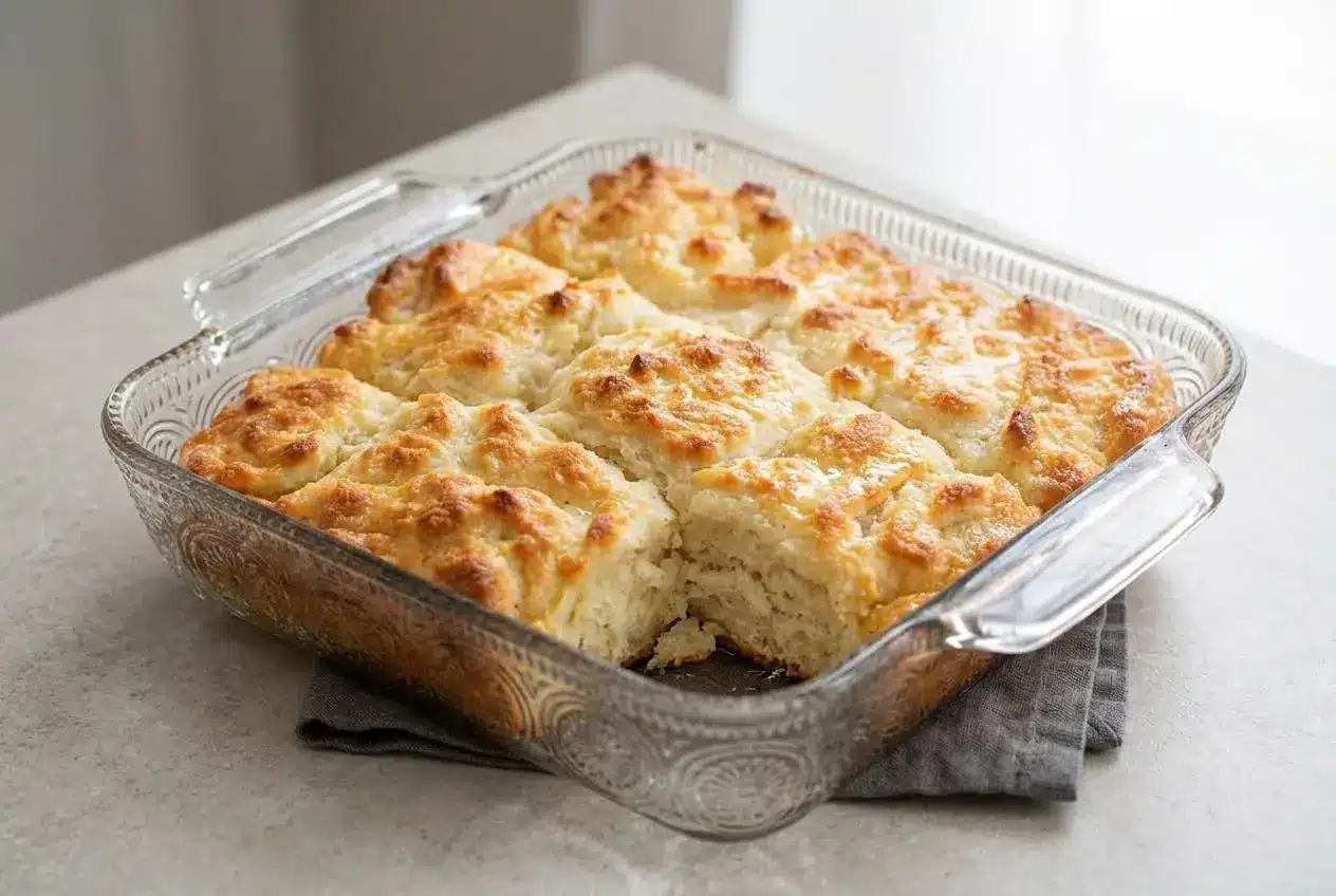 Butter swim biscuits baked golden brown with crisp bubbling edges in an 8x8 baking dish.
