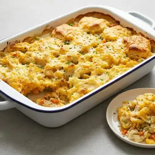 Golden baked chicken cobbler with a bubbly cheddar biscuit crust and creamy filling.