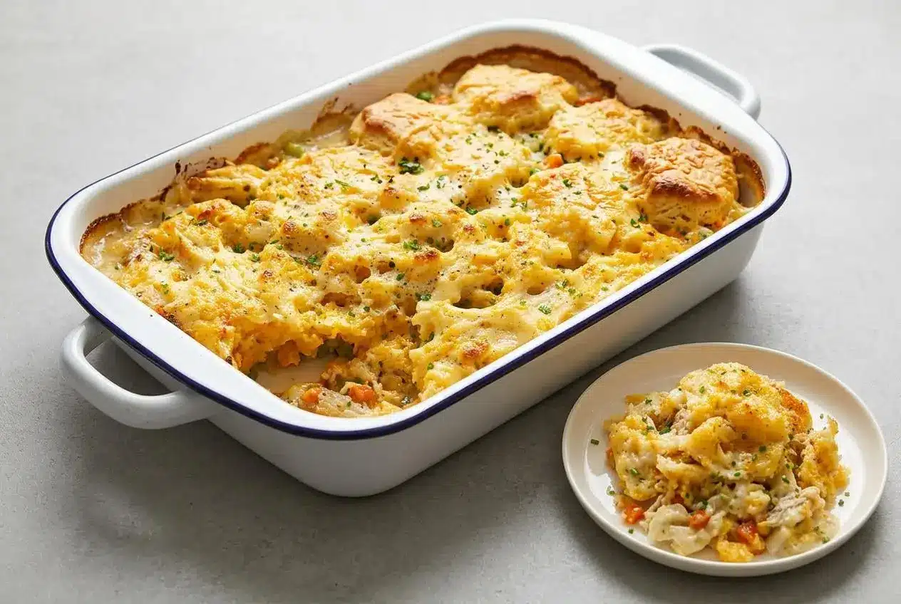 Golden baked chicken cobbler with a bubbly cheddar biscuit crust and creamy filling.