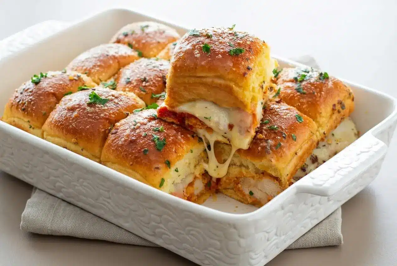 Baked chicken parmesan sliders with golden garlic butter tops, melted mozzarella, and marinara.