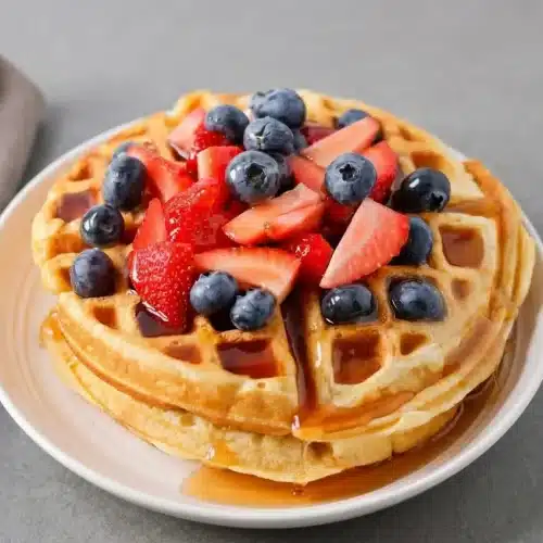 Buttermilk waffles recipe made golden and crisp with deeply browned ridges and a tender center.