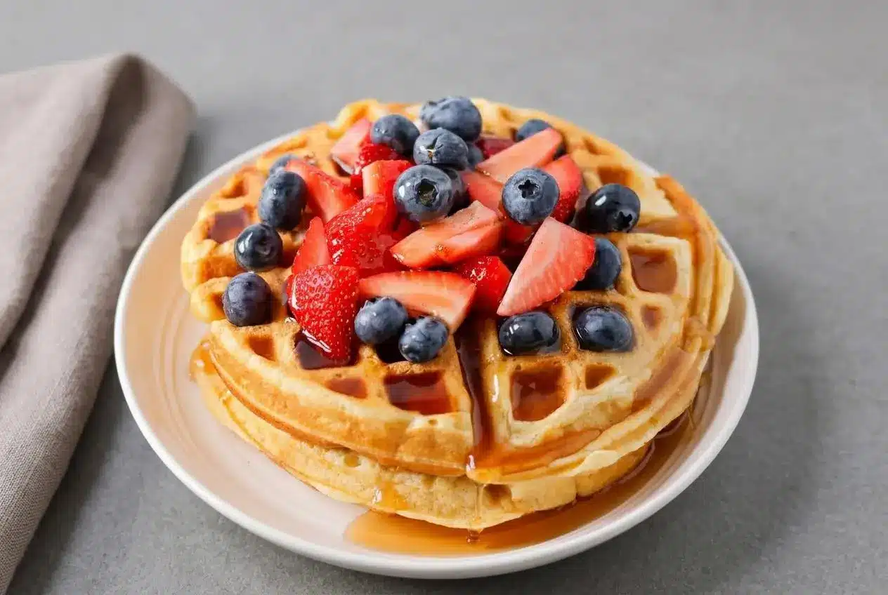 Buttermilk waffles recipe made golden and crisp with deeply browned ridges and a tender center.