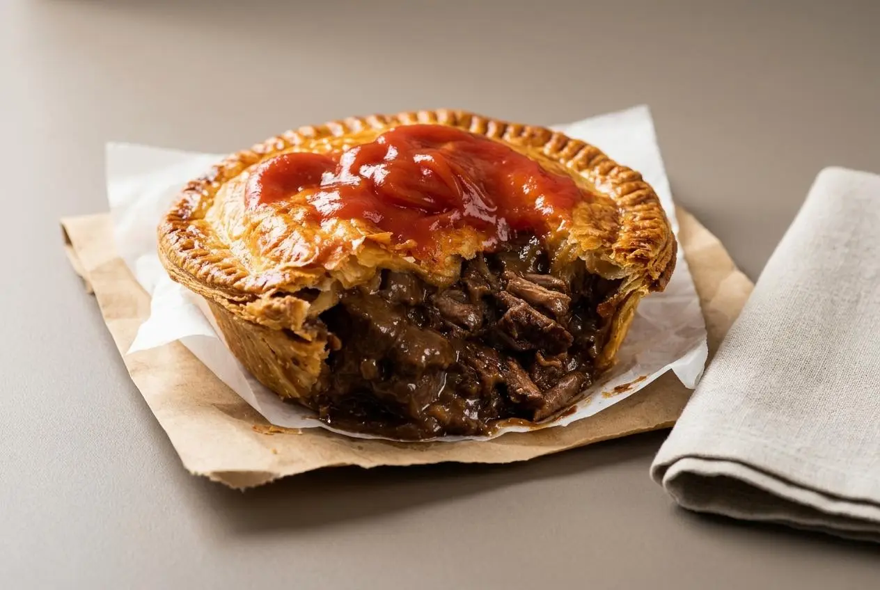 Baked meat pie with a deeply golden puff pastry crust and firm shortcrust base.