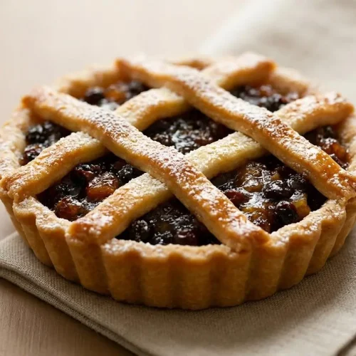 Golden brown mincemeat pie tart with a flaky pastry crust and warm spiced fruit filling.