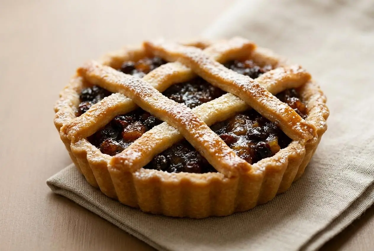 Golden brown mincemeat pie tart with a flaky pastry crust and warm spiced fruit filling.