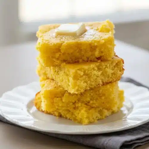 Golden jiffy cornbread recipe baked to a tender, buttery crumb in an eight-inch square baking dish.