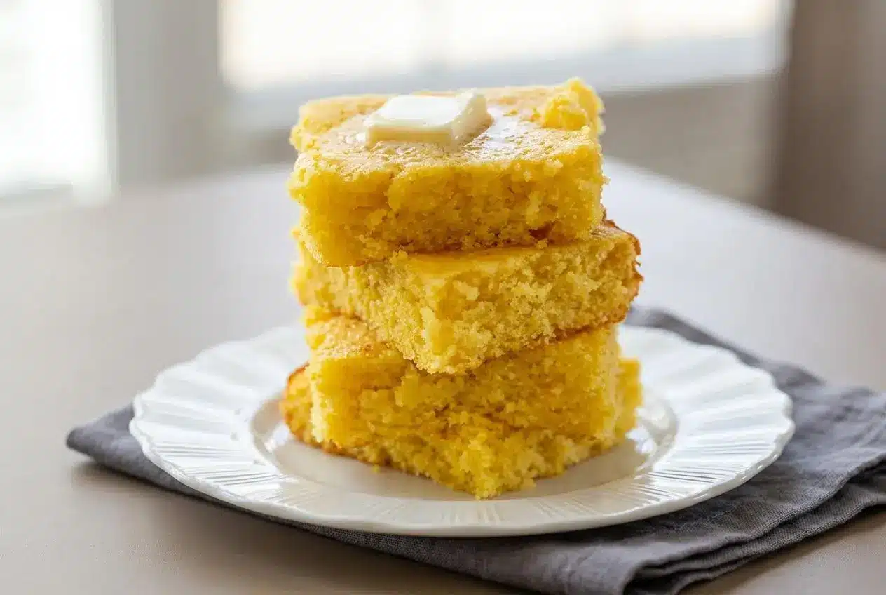 Golden jiffy cornbread recipe baked to a tender, buttery crumb in an eight-inch square baking dish.
