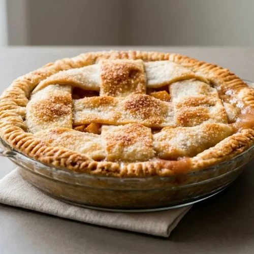 Golden woven lattice peach pie recipe with bubbly spiced peach filling and coarse sugar crust.