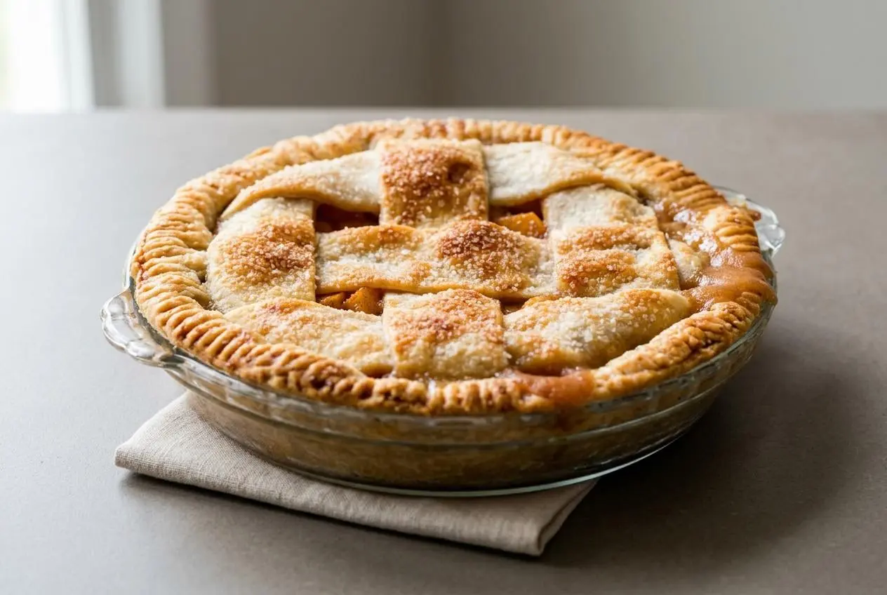 Golden woven lattice peach pie recipe with bubbly spiced peach filling and coarse sugar crust.