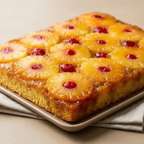 Pineapple upside down cake with glossy brown sugar glaze, golden pineapple rings, and maraschino cherries.