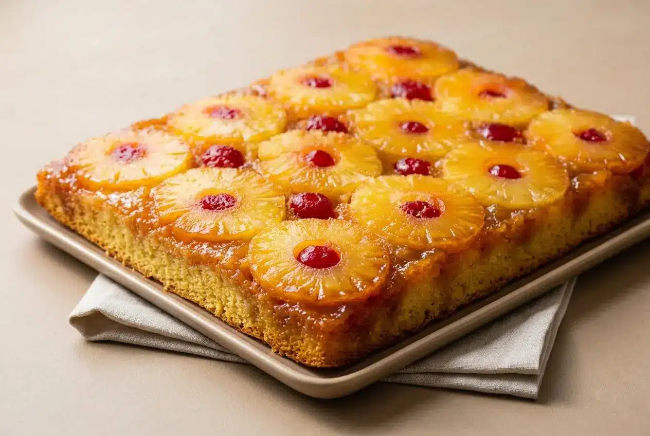 Pineapple upside down cake with glossy brown sugar glaze, golden pineapple rings, and maraschino cherries.