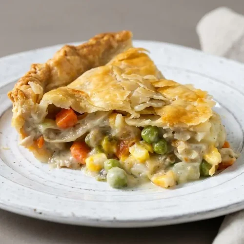 Freshly baked double crust turkey pot pie recipe with golden flaky pastry and creamy herbed filling.