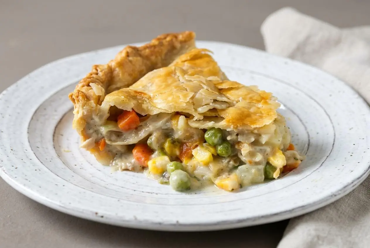 Freshly baked double crust turkey pot pie recipe with golden flaky pastry and creamy herbed filling.