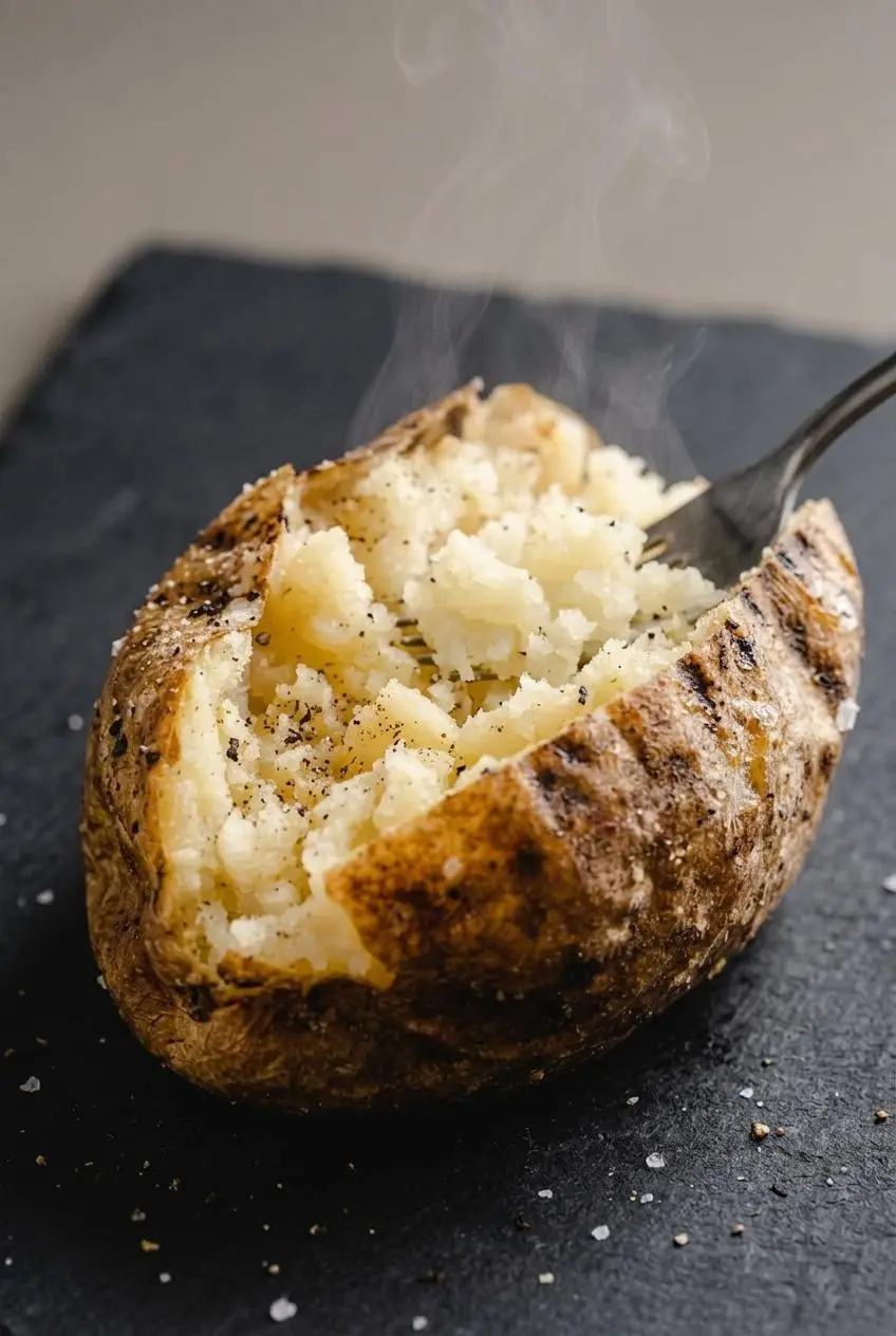 Split grilled potato showing a light, steaming fluffed center seasoned with coarse salt and black pepper.