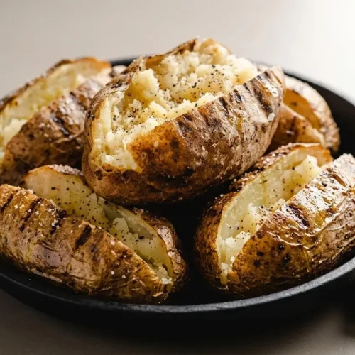 Grilled baked potatoes with crisp blistered skins split open to show a fluffy steaming interior.