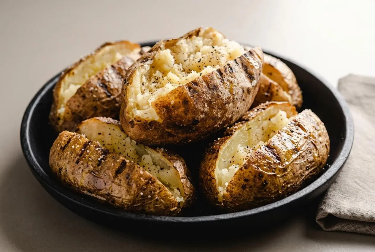 Grilled baked potatoes with crisp blistered skins split open to show a fluffy steaming interior.