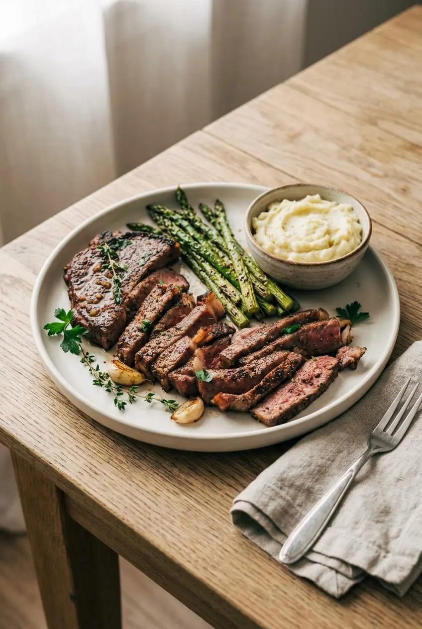 Platter of sliced marinated steak served with roasted asparagus spears and garlic mashed potatoes.