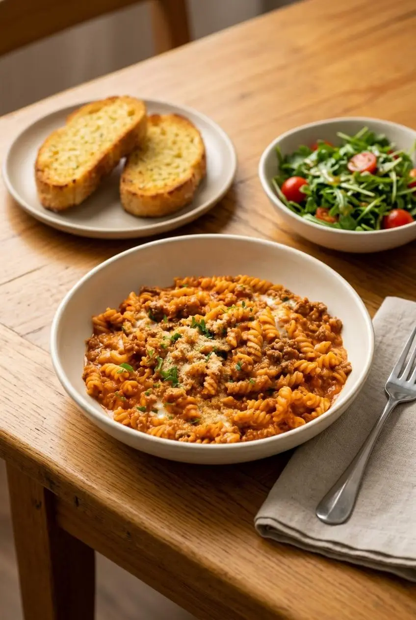 Ground beef pasta in a ceramic bowl paired with toasted garlic bread and a fresh arugula side salad