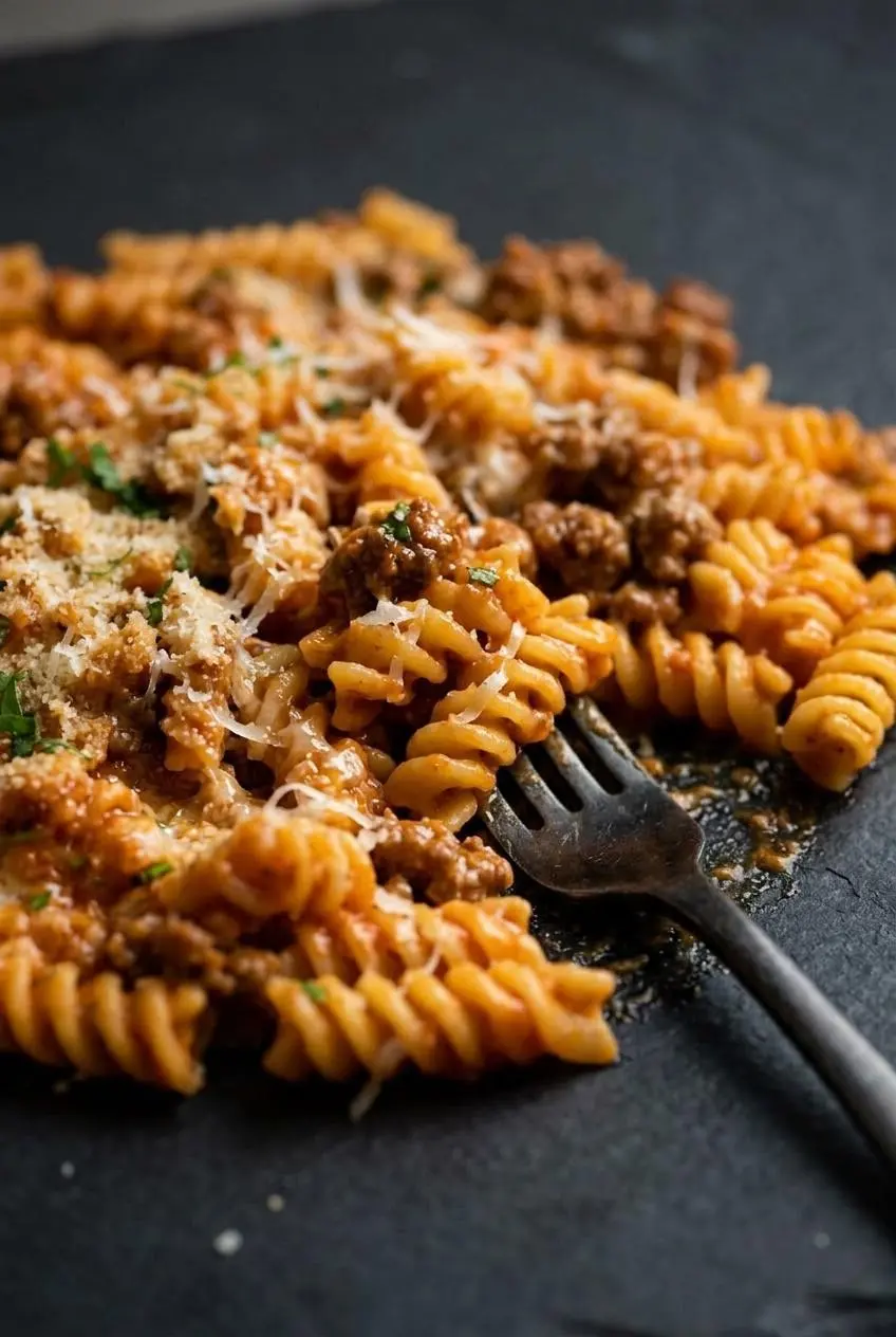 Close-up of ridged fusilli pasta enrobed in glossy tomato cream sauce with browned ground beef crumbles