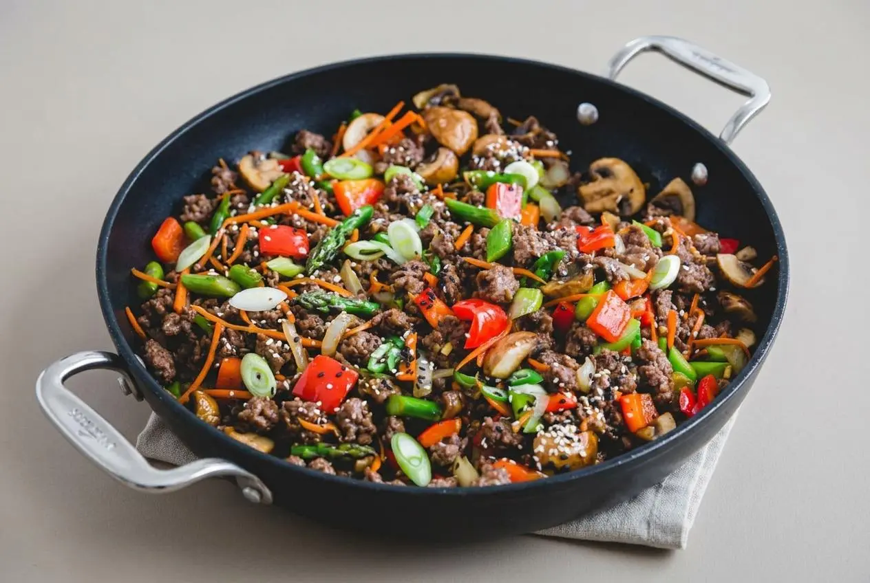 Ground beef stir fry with crisp-tender vegetables coated in a glossy garlic ginger sauce and sesame seeds.