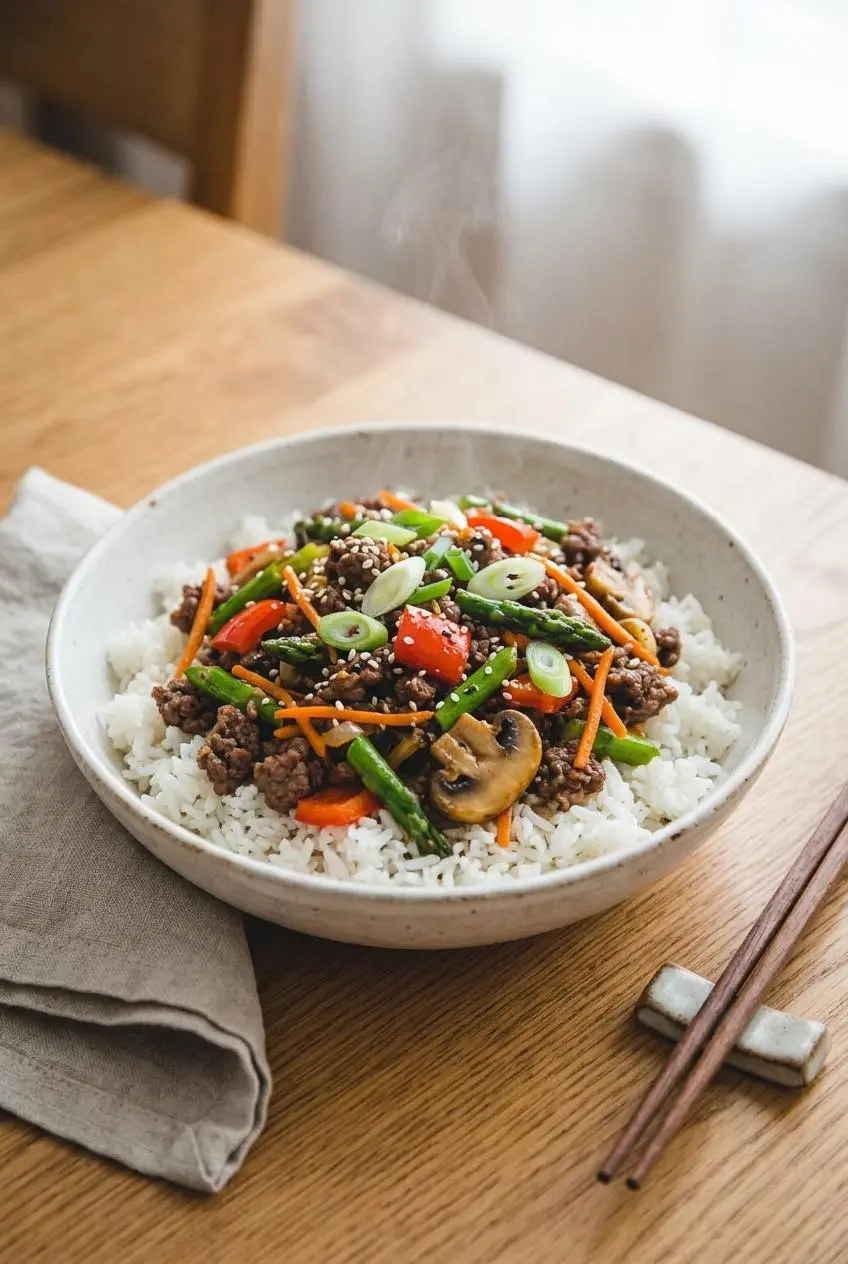 Bowl of savory ground beef stir fry served over warm white jasmine rice, topped with sliced scallions.
