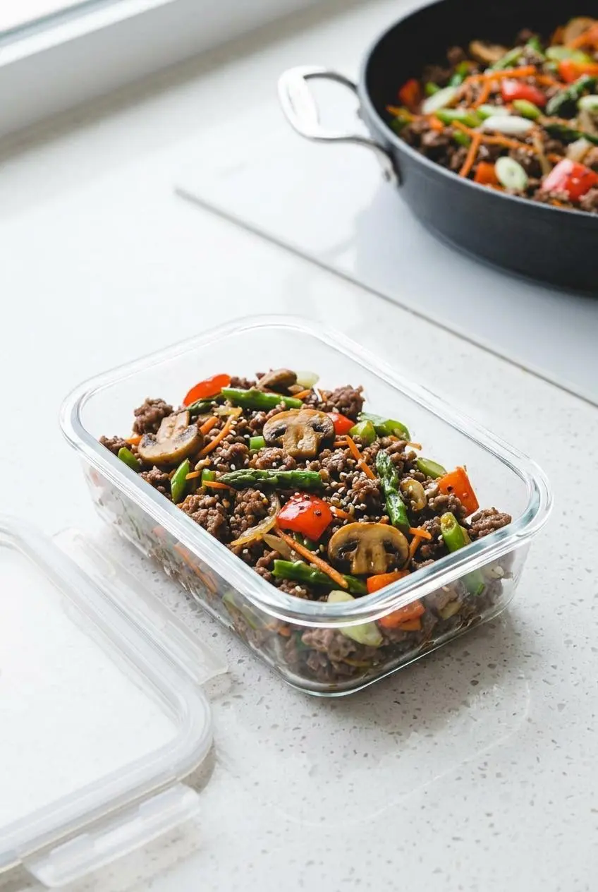 Cooked ground beef stir fry packed in a clear glass meal prep storage container beside an open lid.