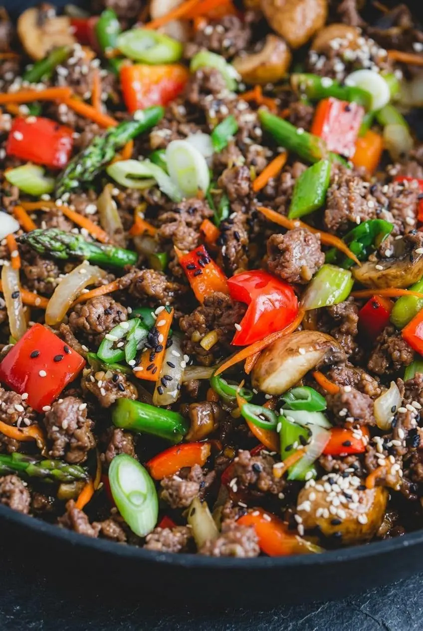 Close-up of caramelized ground beef crumbles and crisp matchstick carrots coated in glossy stir fry sauce.