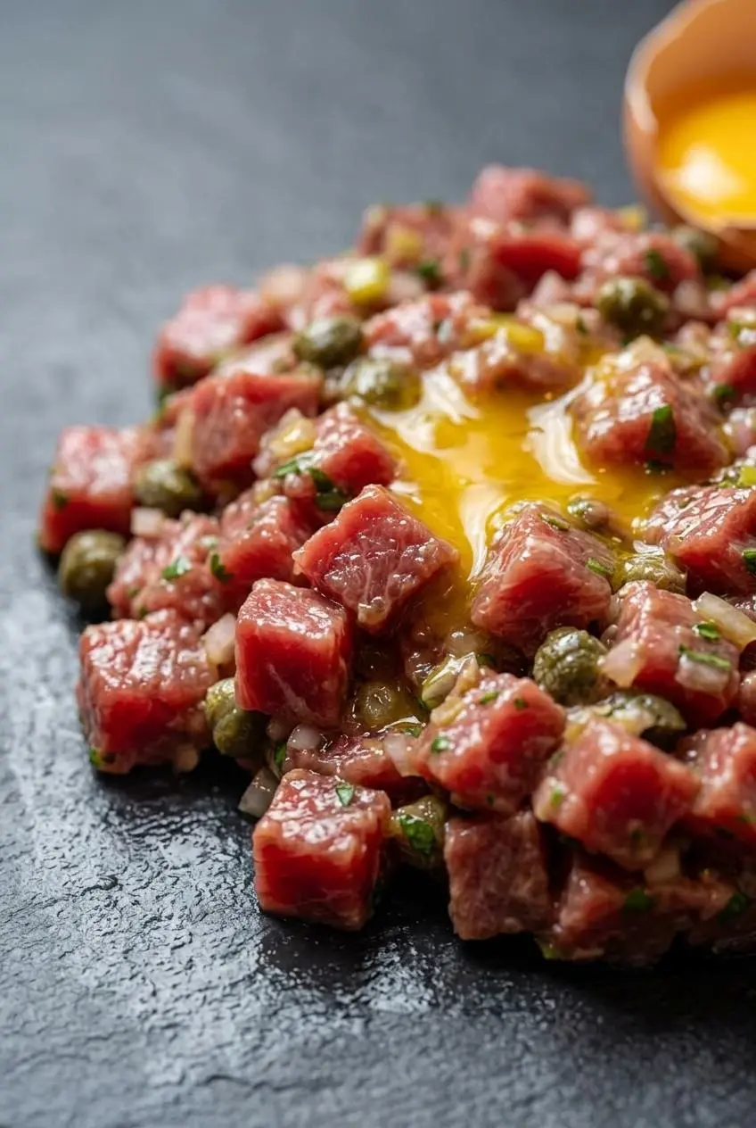 Close-up of diced crimson beef coated in glossy egg yolk emulsion with capers and minced shallots.