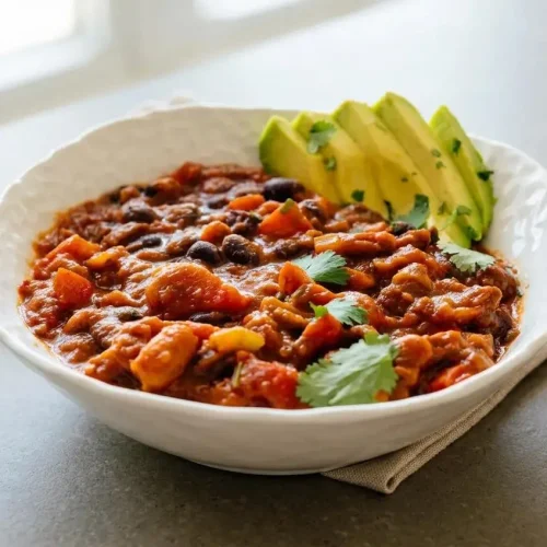 Hearty meatless chili recipe in a rustic bowl with glossy tomato bean sauce and tender vegetables.