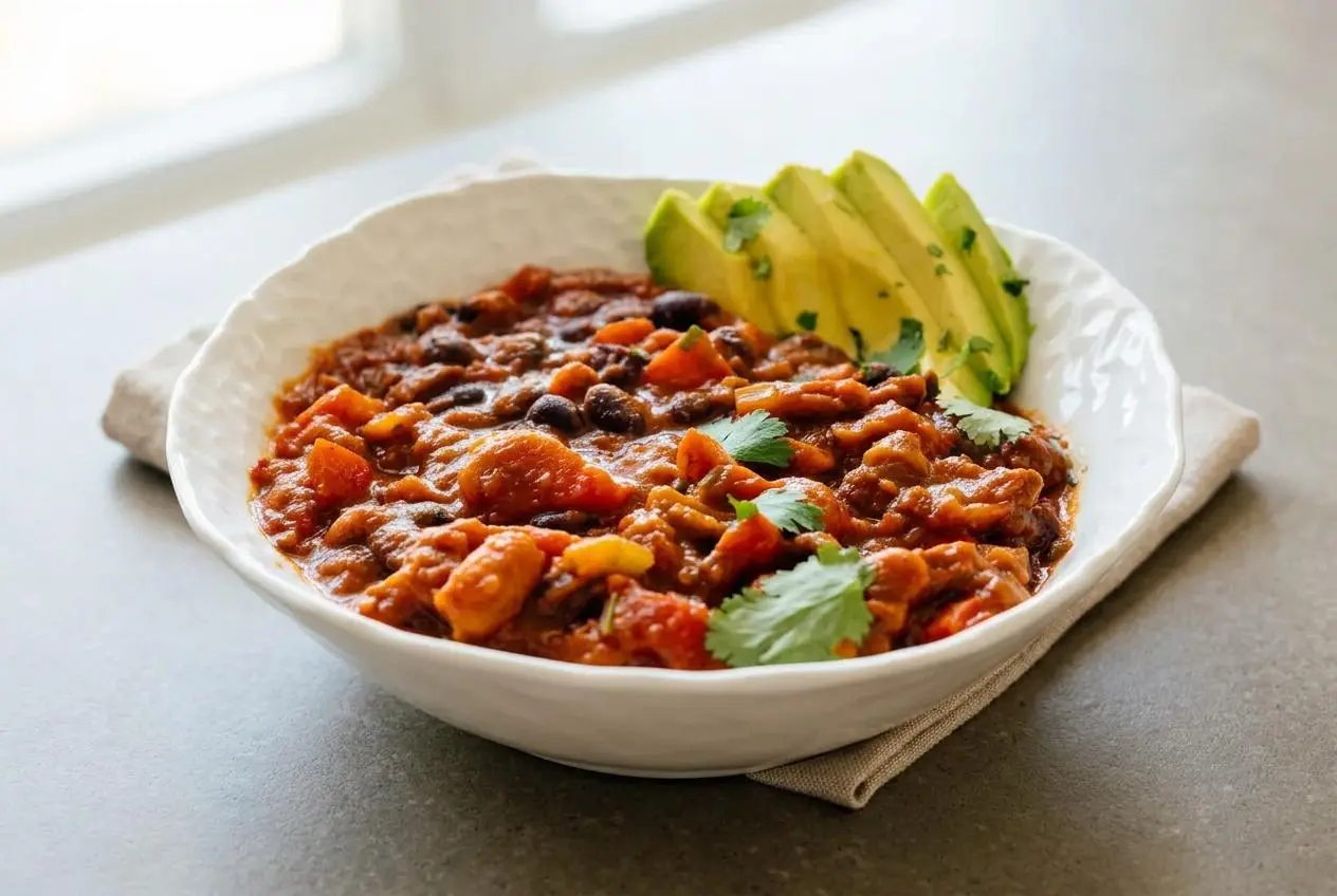 Hearty meatless chili recipe in a rustic bowl with glossy tomato bean sauce and tender vegetables.