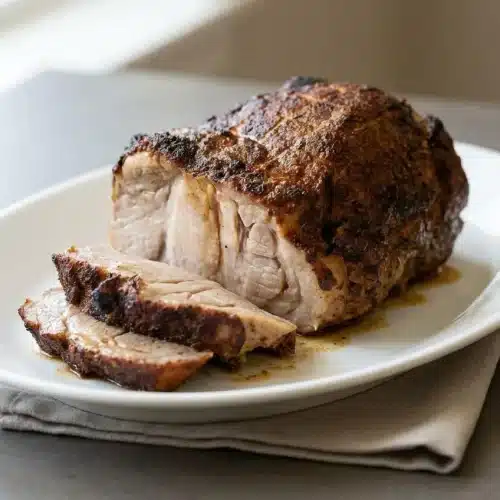 Savory herb-crusted pork roast recipe carved into juicy, tender slices on a platter.