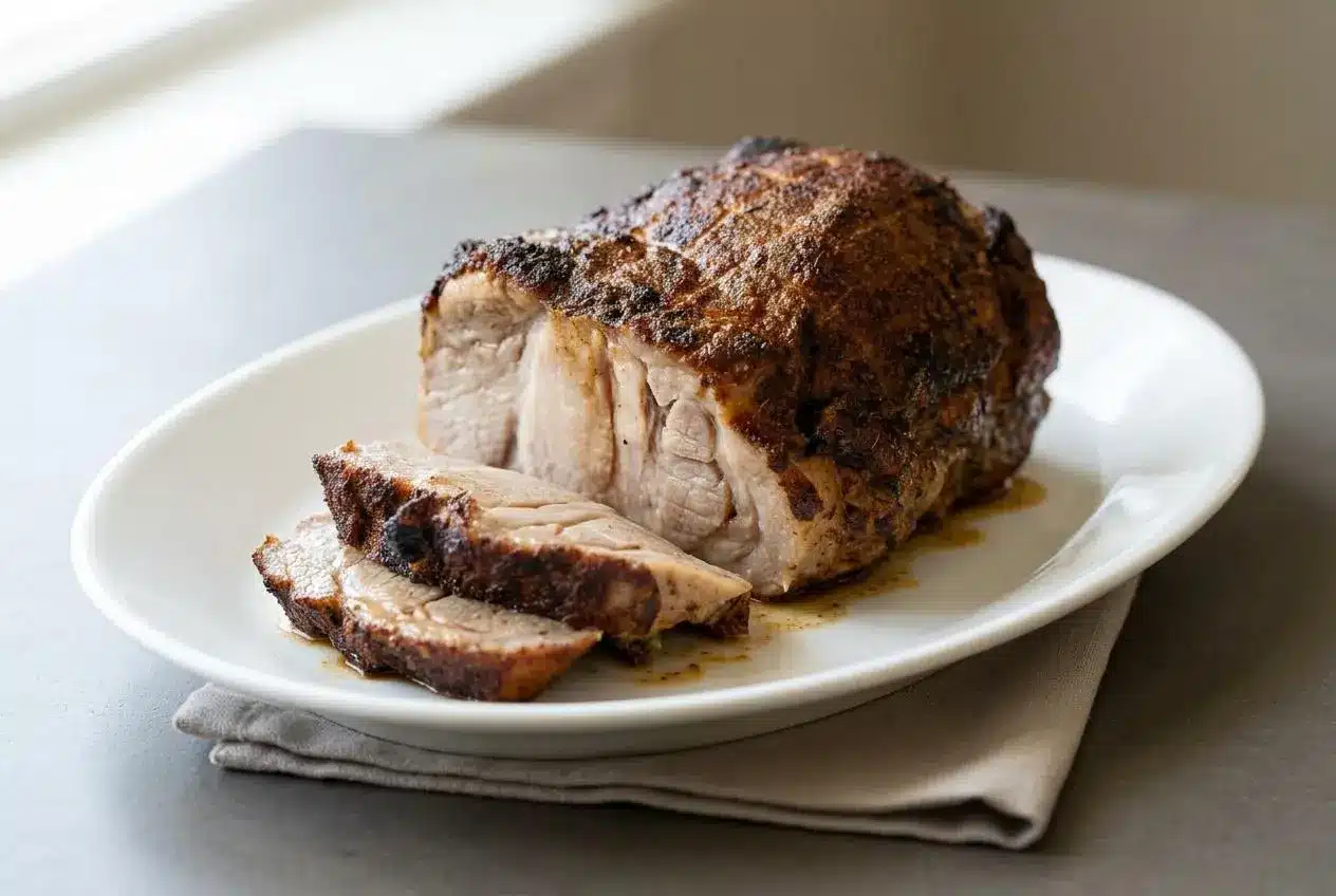 Savory herb-crusted pork roast recipe carved into juicy, tender slices on a platter.