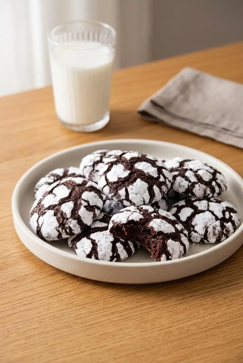 Stack of powdered chocolate crinkle cookies on a ceramic platter beside a glass of milk.