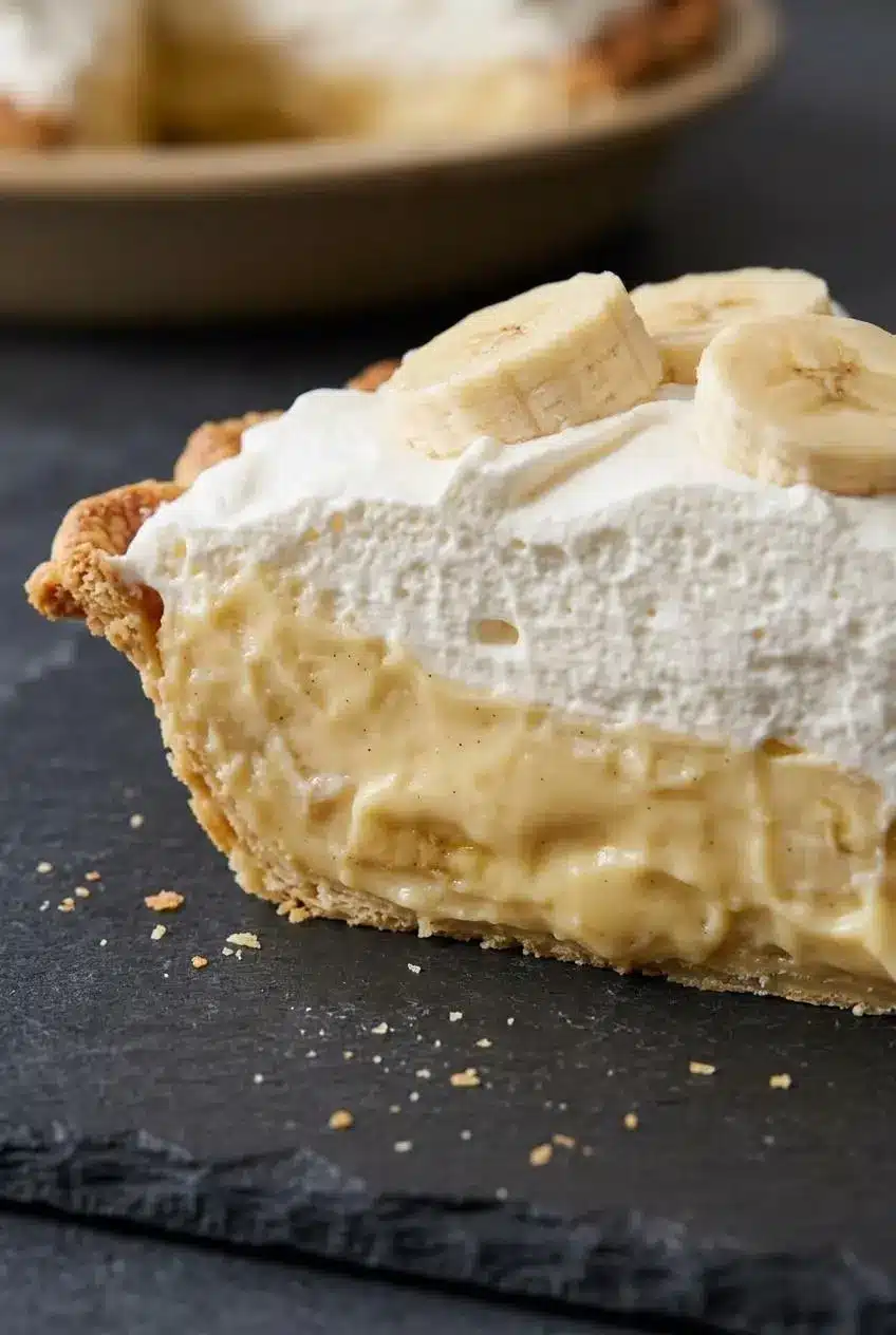 Close-up slice of banana cream pie showing thick vanilla custard, banana slices, and flaky pastry.
