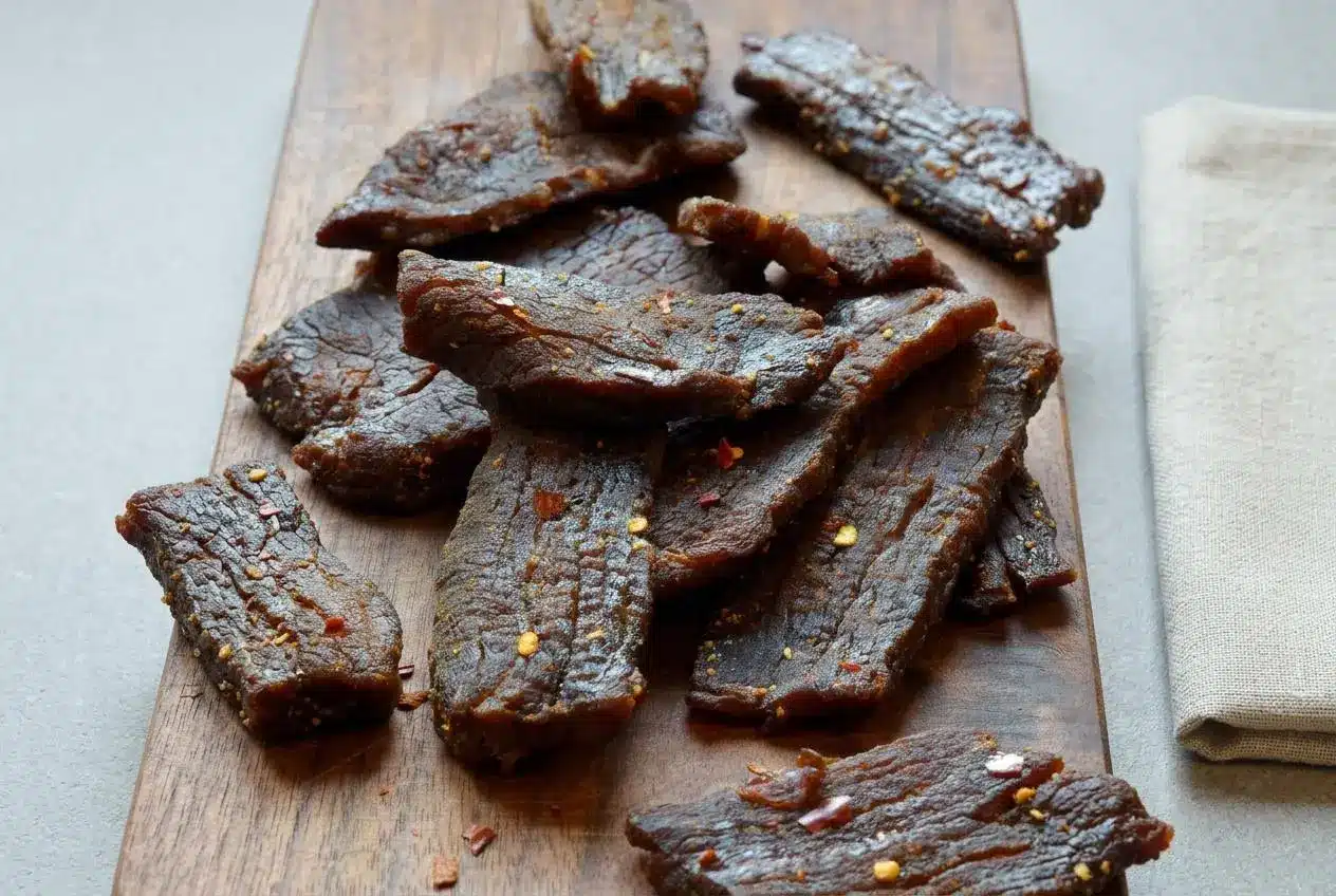 Beef jerky recipe featuring chewy, savory dark mahogany dried beef strips with cracked black pepper.