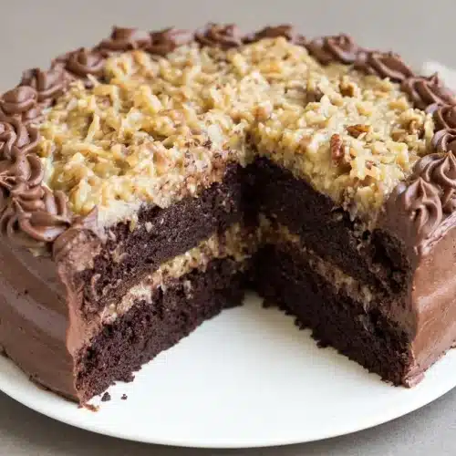 Tender german chocolate cake layered with chocolate buttercream and glossy coconut pecan custard.