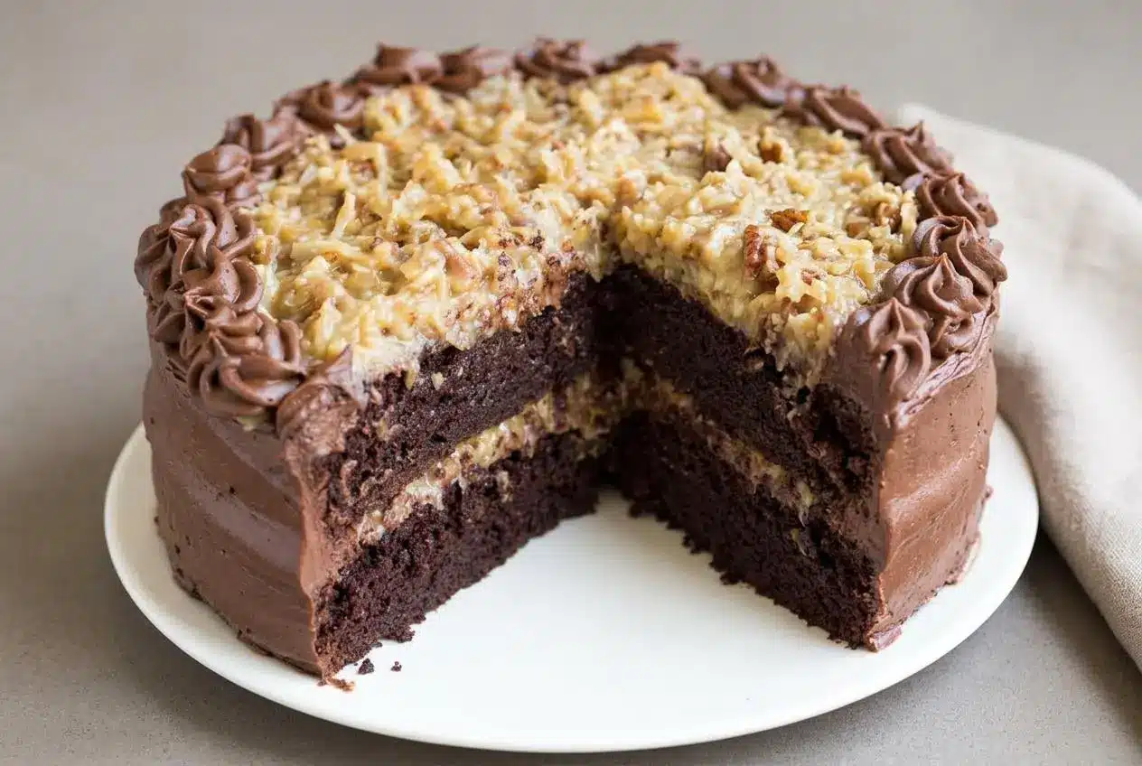 Tender german chocolate cake layered with chocolate buttercream and glossy coconut pecan custard.