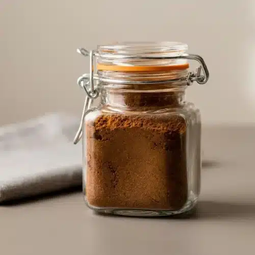Pumpkin spice recipe blend in a glass jar showing a warm russet-brown tone and fine velvety texture.