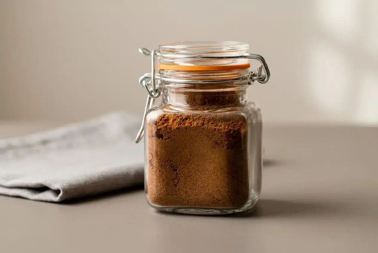 Pumpkin spice recipe blend in a glass jar showing a warm russet-brown tone and fine velvety texture.
