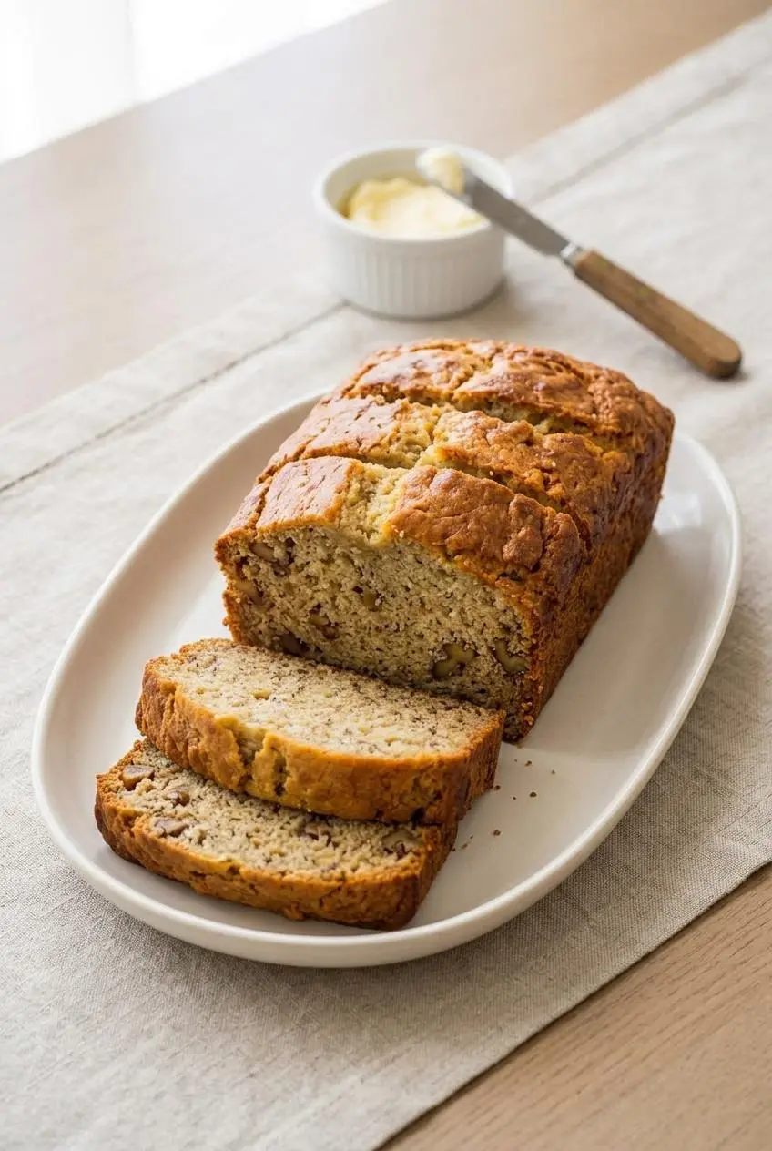 Sliced sour cream banana bread on an oval platter beside softened butter on a wooden table.