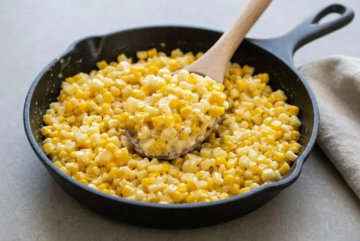 Honey butter skillet corn coated in a rich, glossy cream cheese glaze with cracked black pepper.